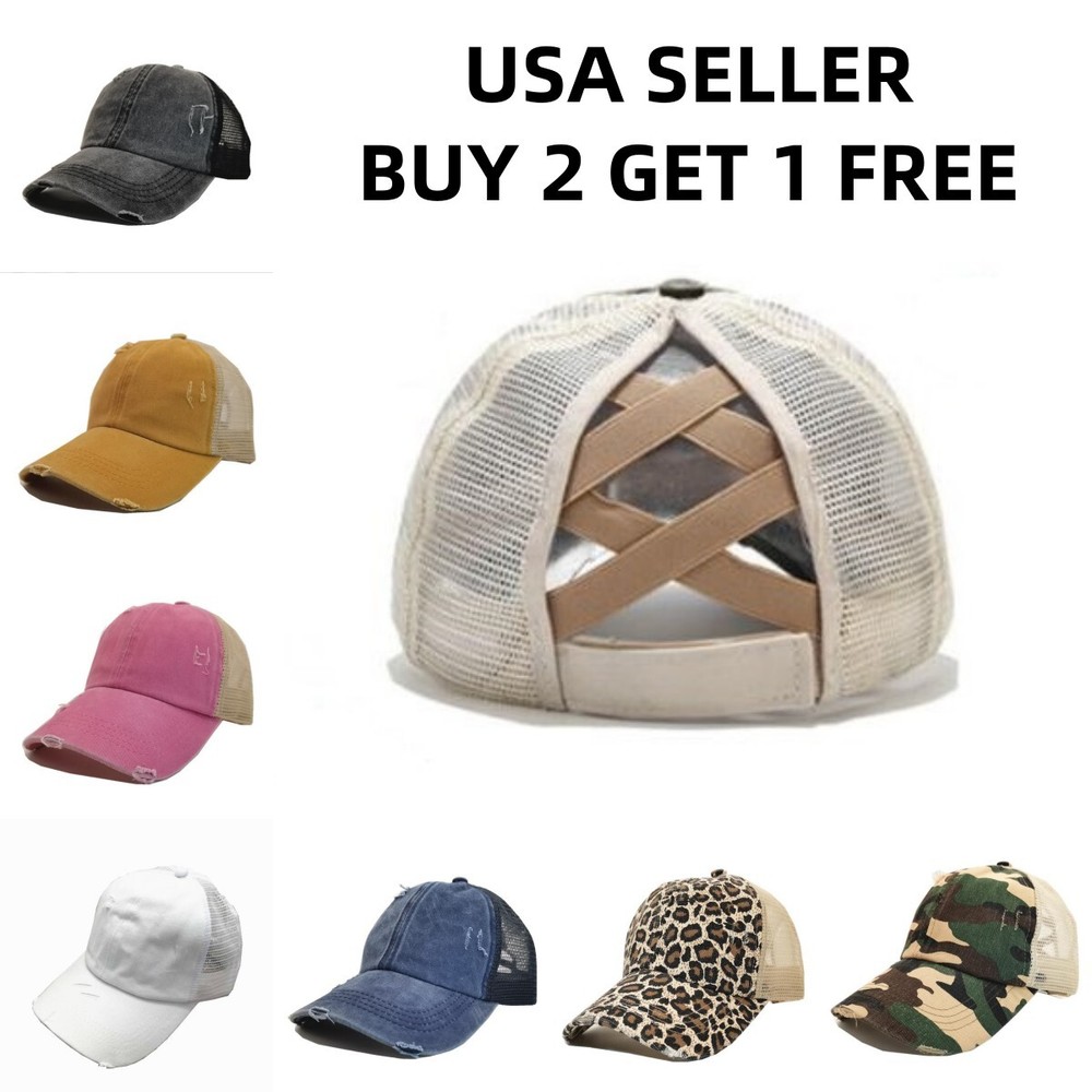 Mesh Back Ponytail Baseball Cap Polo Style Mesh Caps Plain Adjustable