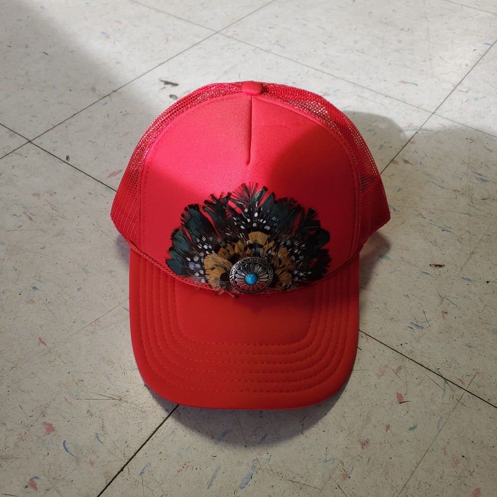 Feathered Trucker Caps Otto Hot Red Beautiful Feathers And Stone Snapback