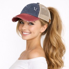 C.C Women Three Tone Criss Crossed Mesh Trucker Distressed Pony Baseball Cap