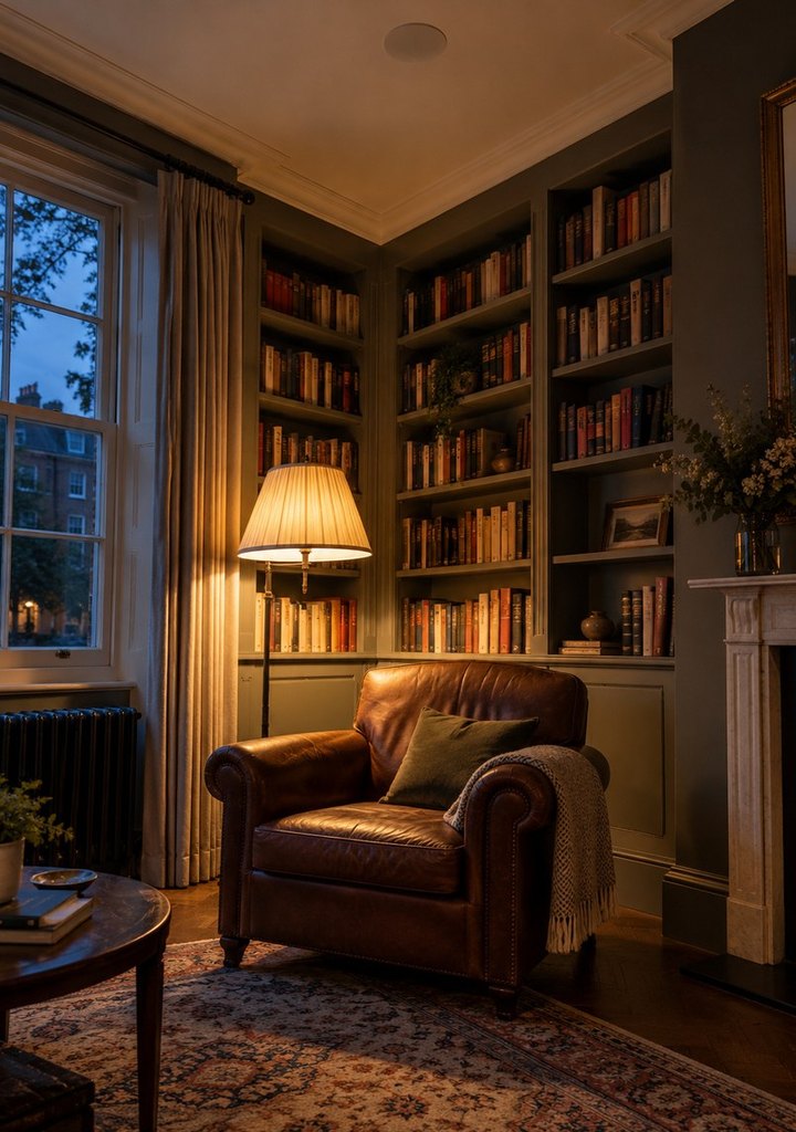 Reading chair beneath a flush ceiling speaker