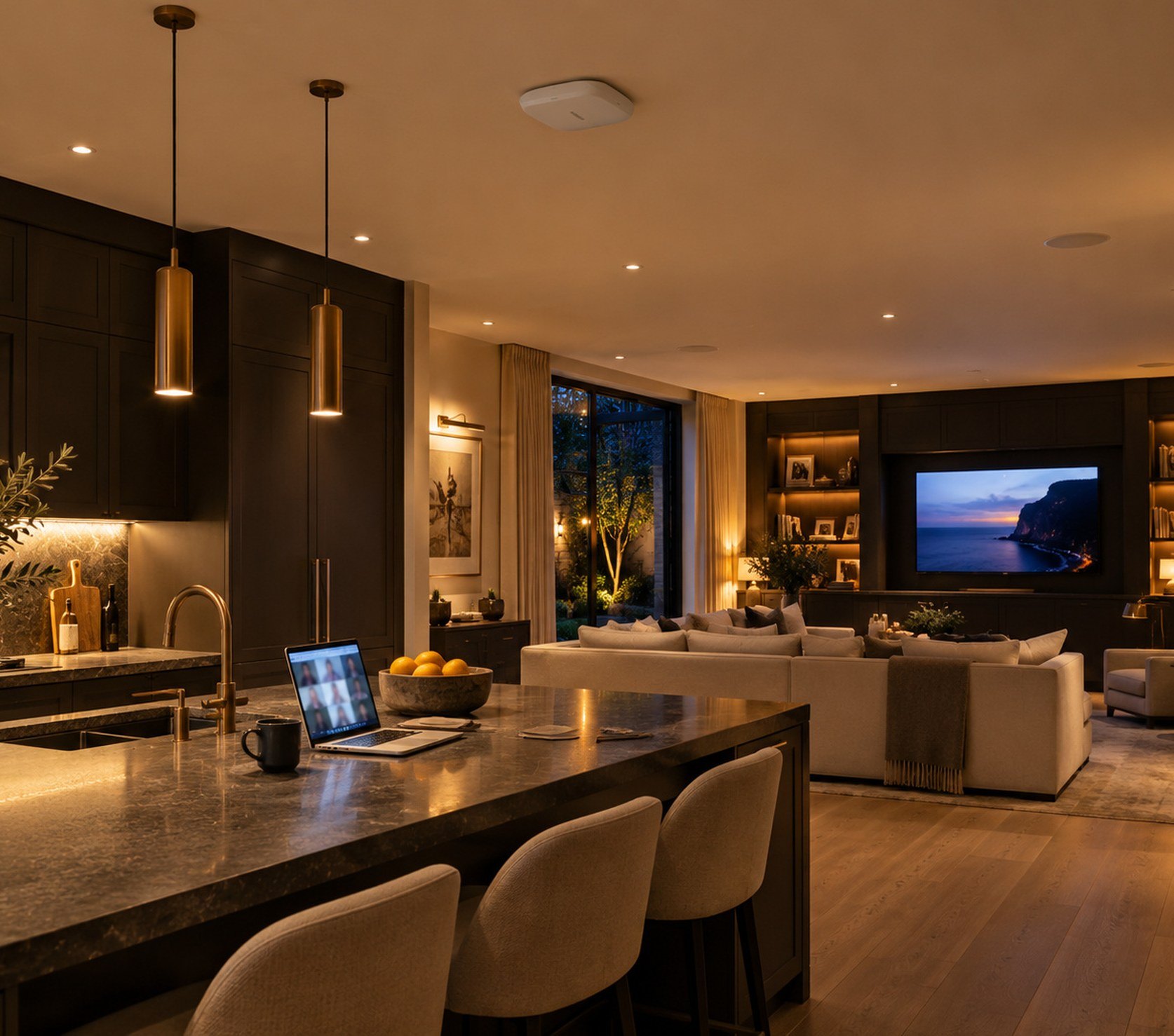Kitchen and family room in the evening with a Ruckus Wi-Fi access point on the ceiling