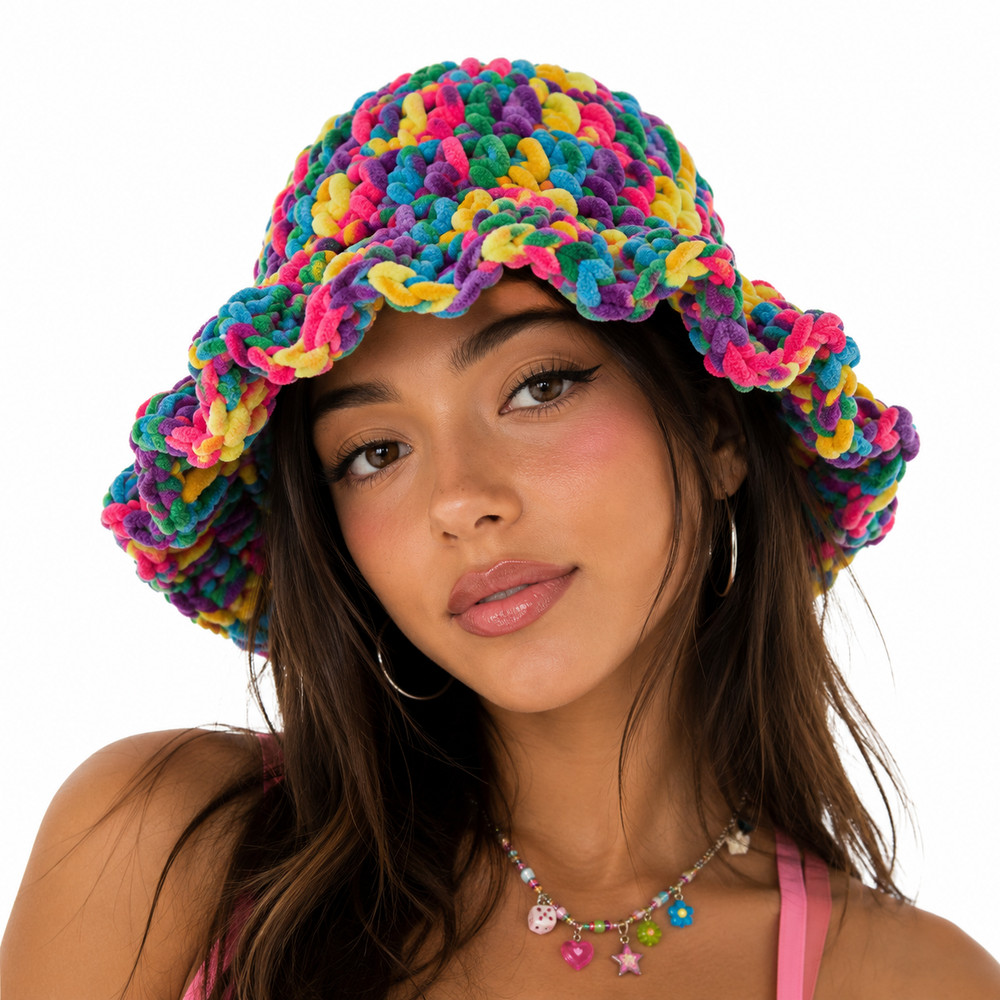 Womens Colorful Crochet Bucket Hat Y2K Boho Knit Cute Festival Hat BUC-045