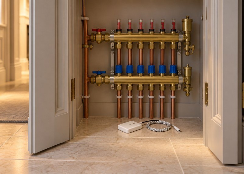 Shelly Flood leak sensor on a limestone floor beneath an underfloor heating manifold in a hallway cupboard