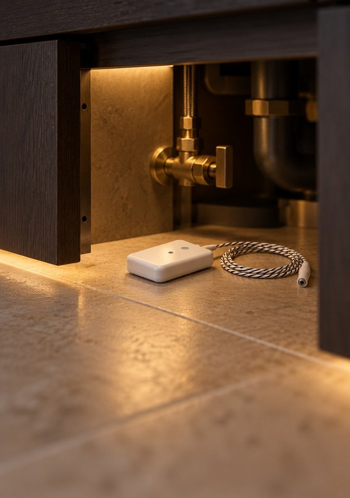 Shelly Flood leak sensor on a limestone floor beneath oak kitchen cabinetry, by a brass valve