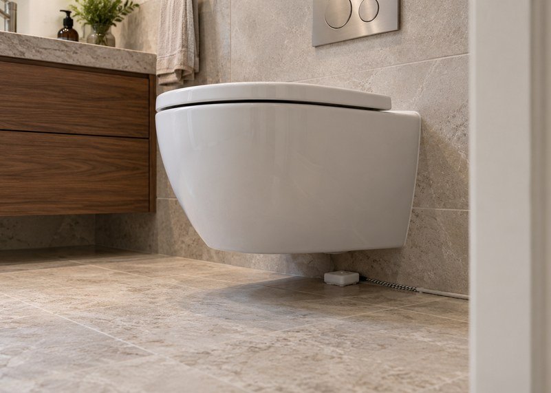 Shelly Flood leak sensor tucked against the wall beneath a wall-hung WC