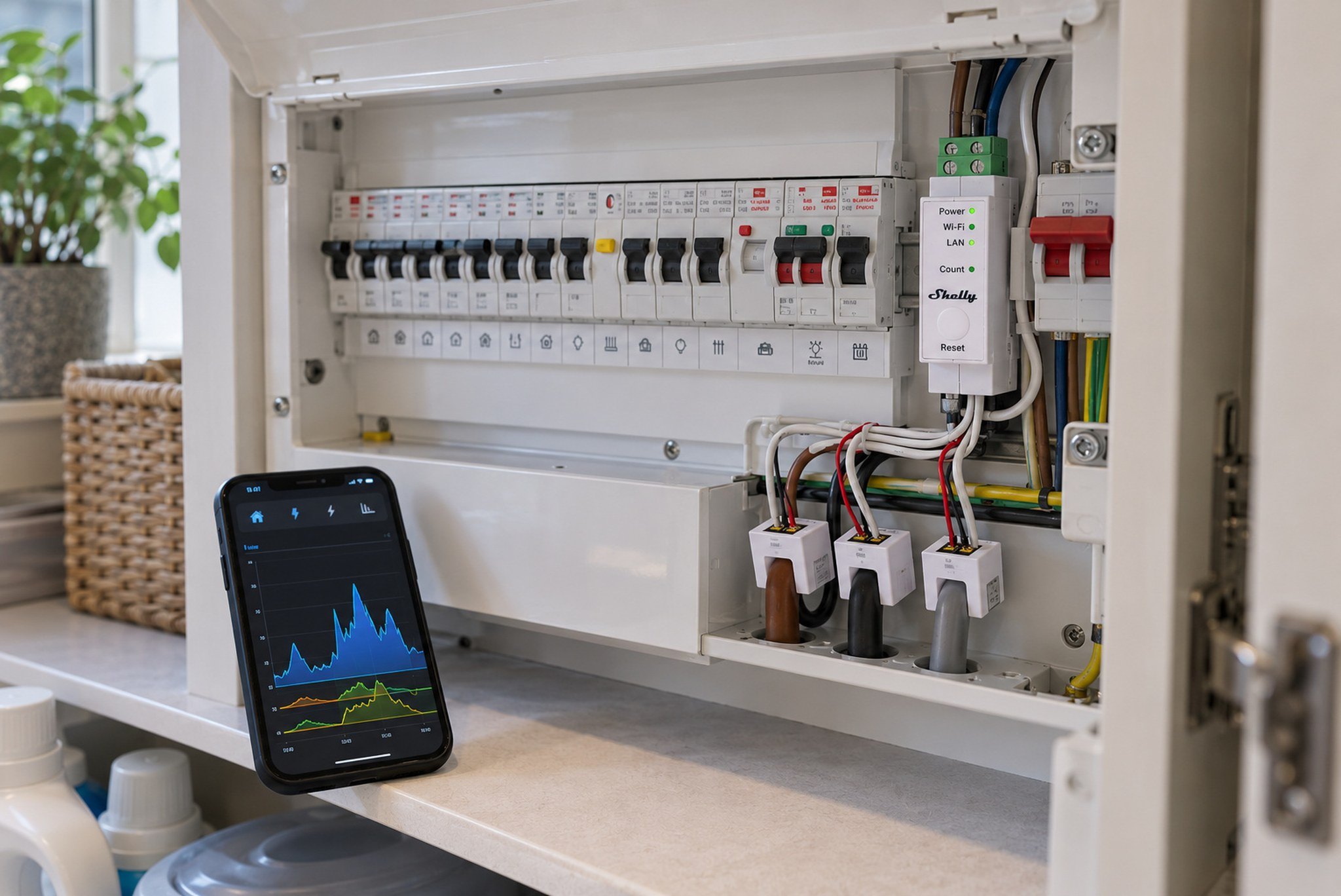 Consumer unit with a Shelly Pro 3EM energy meter and current clamps, a phone showing the live energy graph