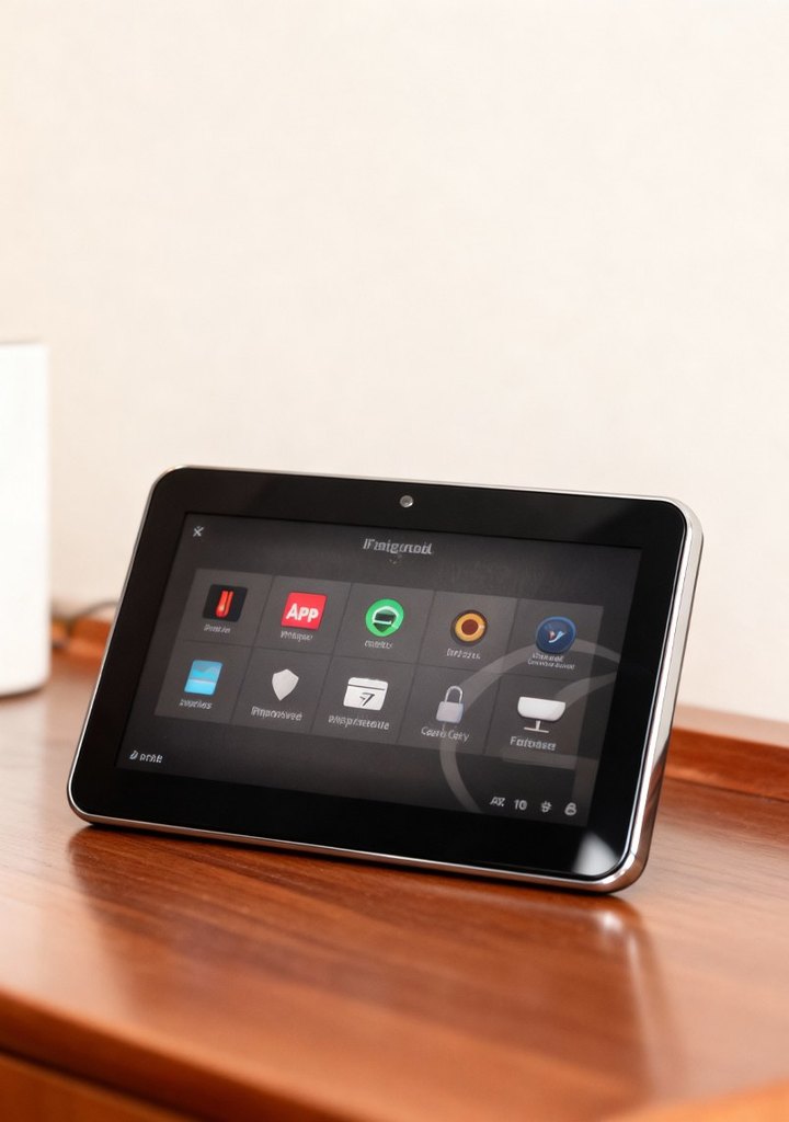 Tabletop touchscreen on a wooden side table
