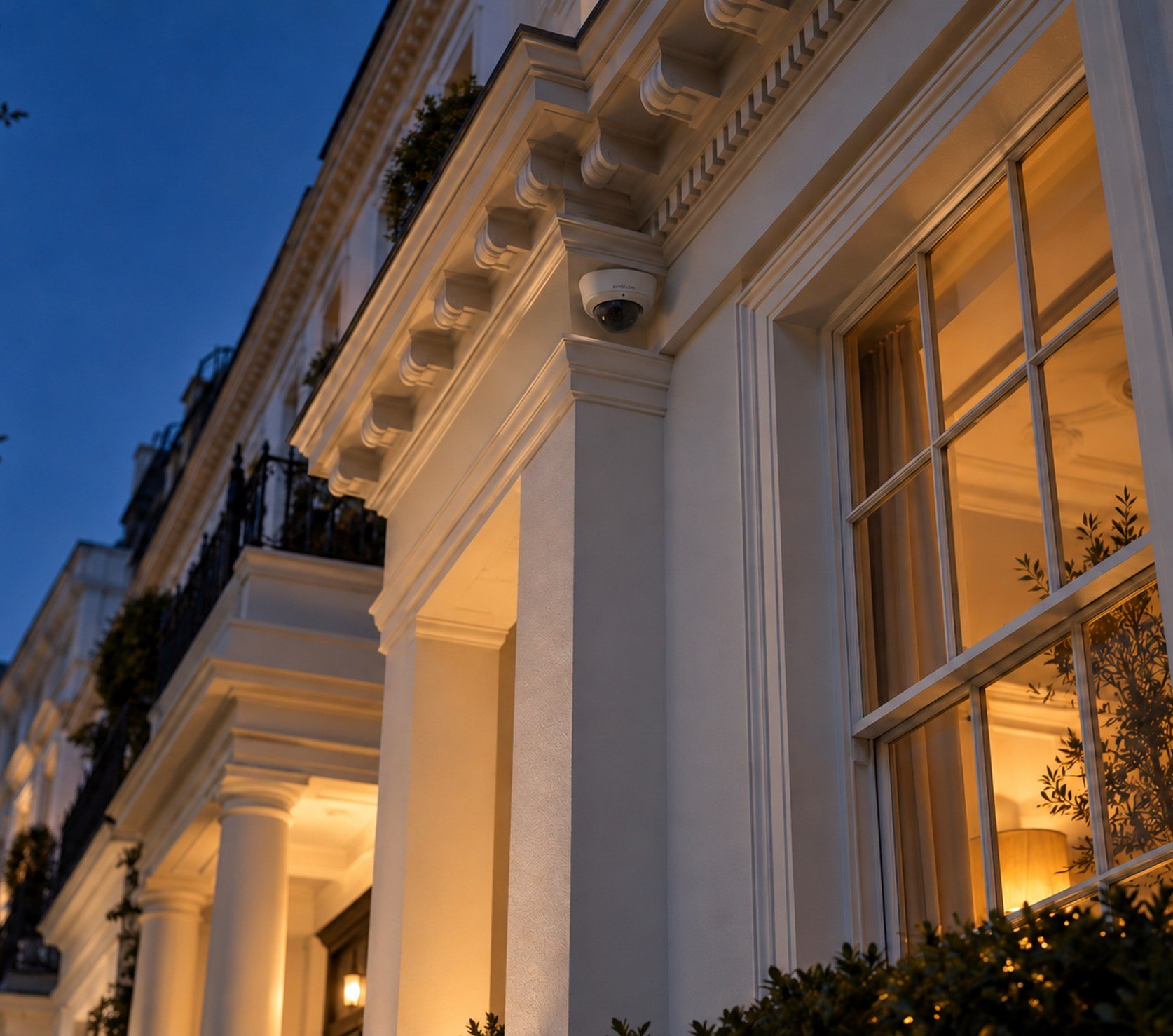 Discreet dome security camera under the cornice of a white stucco London townhouse at dusk