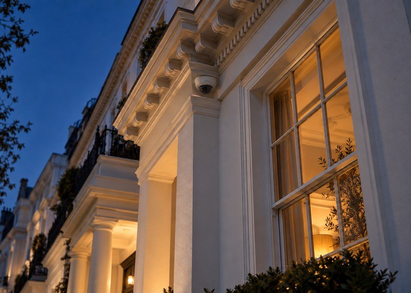 Discreet dome security camera under the cornice of a London townhouse at dusk