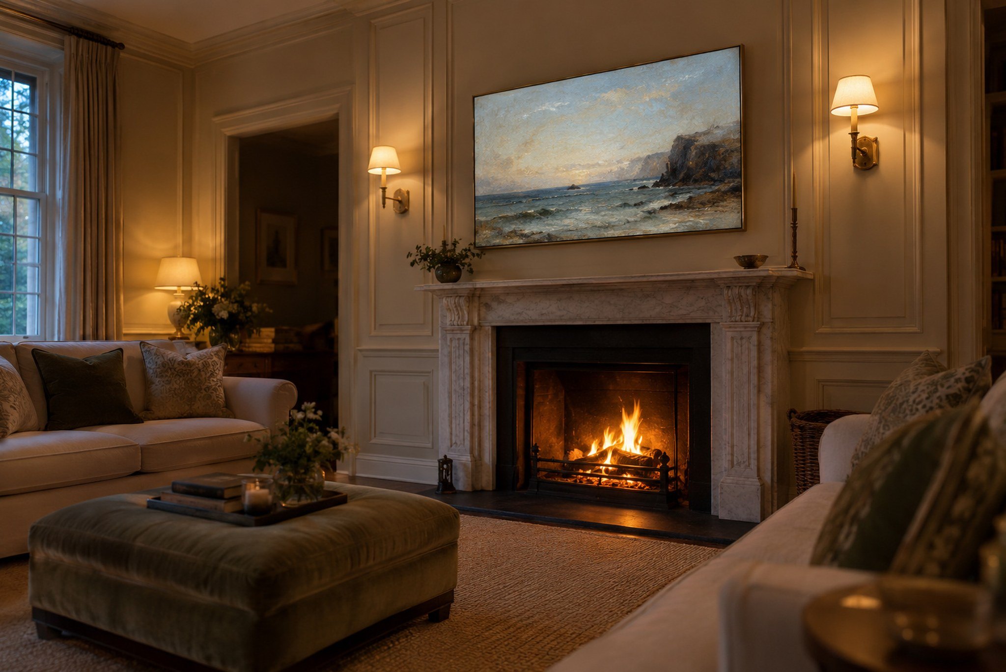 Panelled drawing room with a TV in art mode above the fireplace