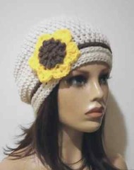 crochet womans handmade sunflower hat beanie aran yellow cream