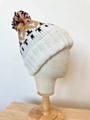 Tahari Fair Isle White Beanie with Ribbed Knit Cuff & Multi Color Pom