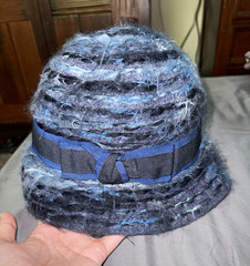 Women’s Blue/Black Striped Faux Fur Cloche Hat Bow Accent One Size Casual