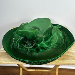 Ashro Womens Green Organza Church Hat Wide Brim Feather Beaded Trim Kentucky