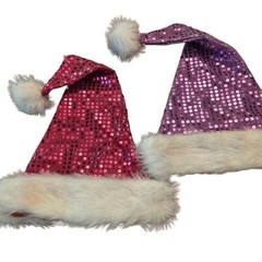 Set of 2 Pink and Purple Sequin Santa Hats White Faux Fur Trim Christmas Holiday