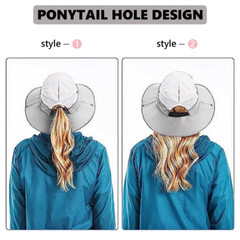 Women Sun Hat Ponytail Hole Bucket Wide Brim Boonie Summer Safari UV Protection
