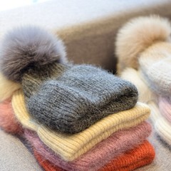 Winter Women Fox Fur Cap Warm Pompom Ball Knitted Hat Cashmere Cuffed Blend New