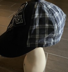 Distressed Blue Plaid Baseball Cap Trendy Silver Stud Cross Adjustable Hat Women