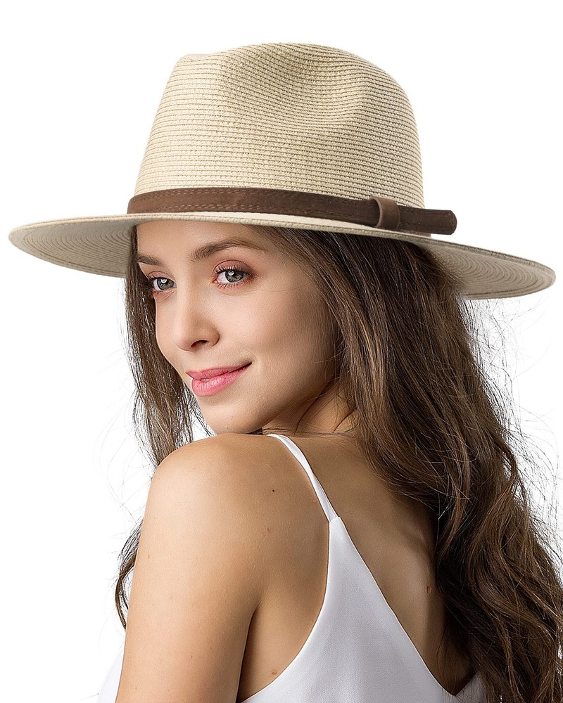 Womens Mens Wide Brim Straw Panama Hat Fedora Summer Beach Sun Hats UPF Straw…