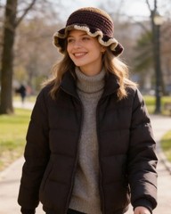 Women Crochet Bucket Hat Cute Winter Ruffled Brim Floppy Cap Handmade Knit Cl…