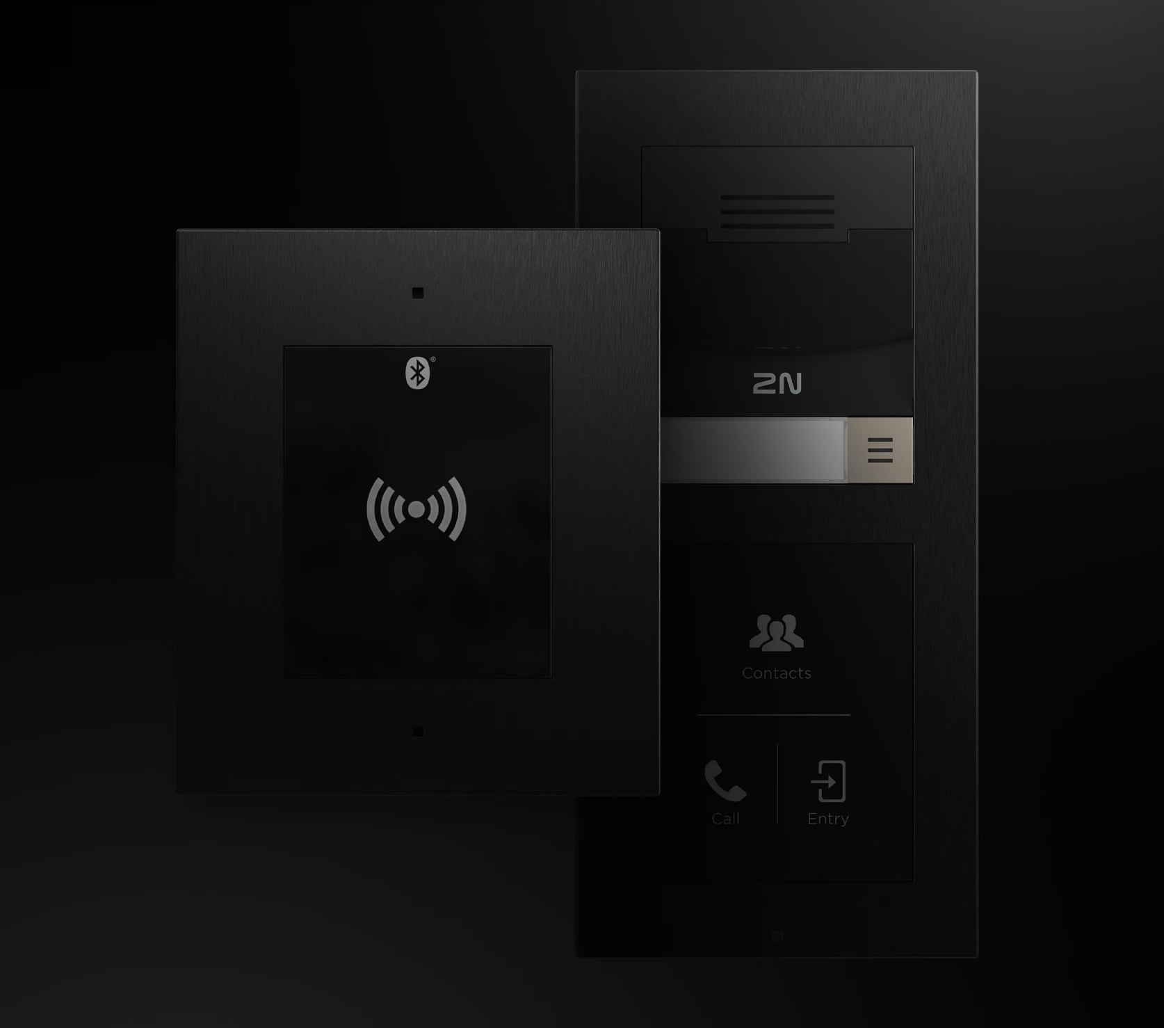 2N access reader and 2N IP intercom panel on a black background