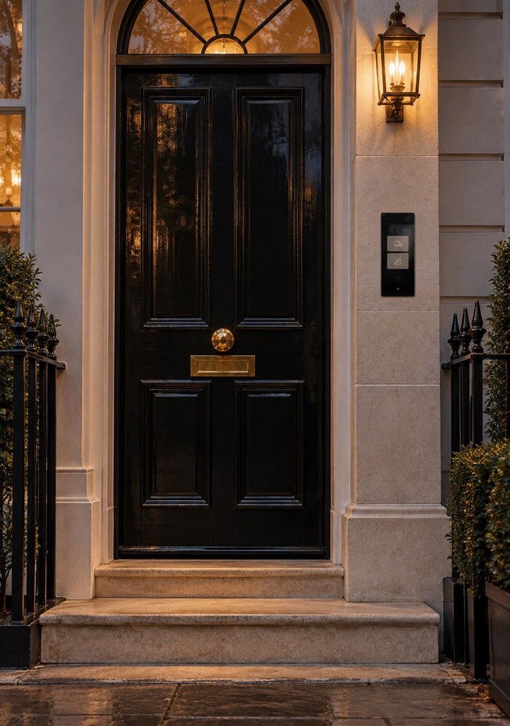 2N IP Style video intercom set into the stone pier beside a black front door at dusk