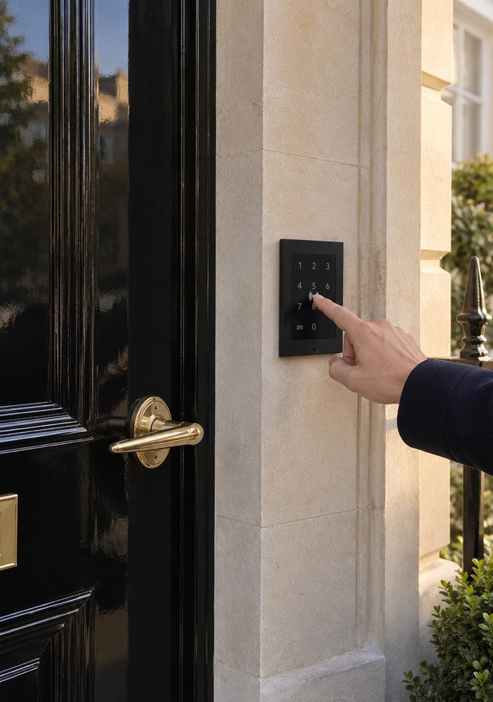 2N access keypad on the stone beside a black front door, a finger pressing a key
