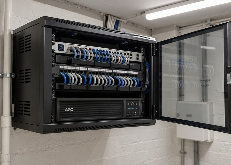 APC Smart-UPS in a wall-mounted network cabinet with a patch panel and switch