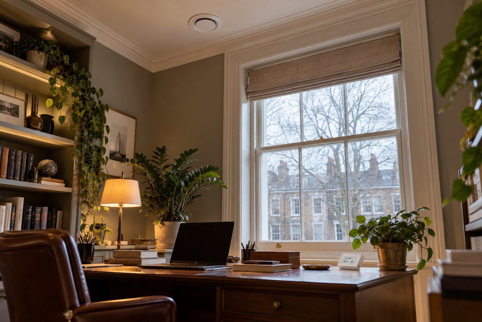Study with a fresh-air ceiling valve and an Aqara air quality monitor on the desk