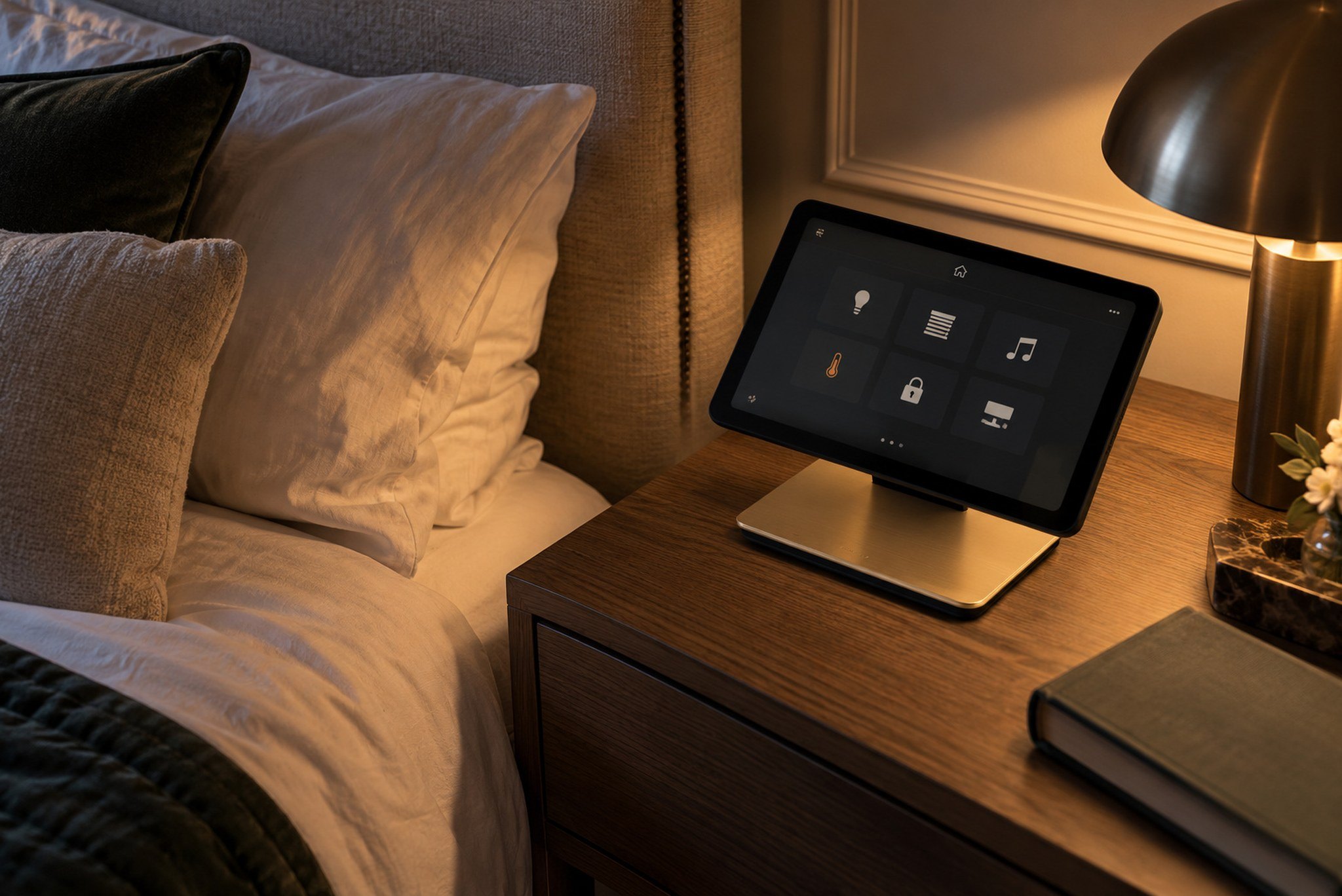 Basalte Eve Plus tablet on its brass base on a bedside table, seen from above