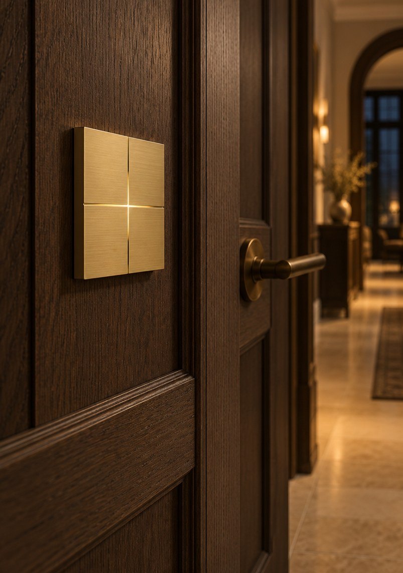 Basalte Sentido brushed-brass keypad on an oak-panelled wall beside a door