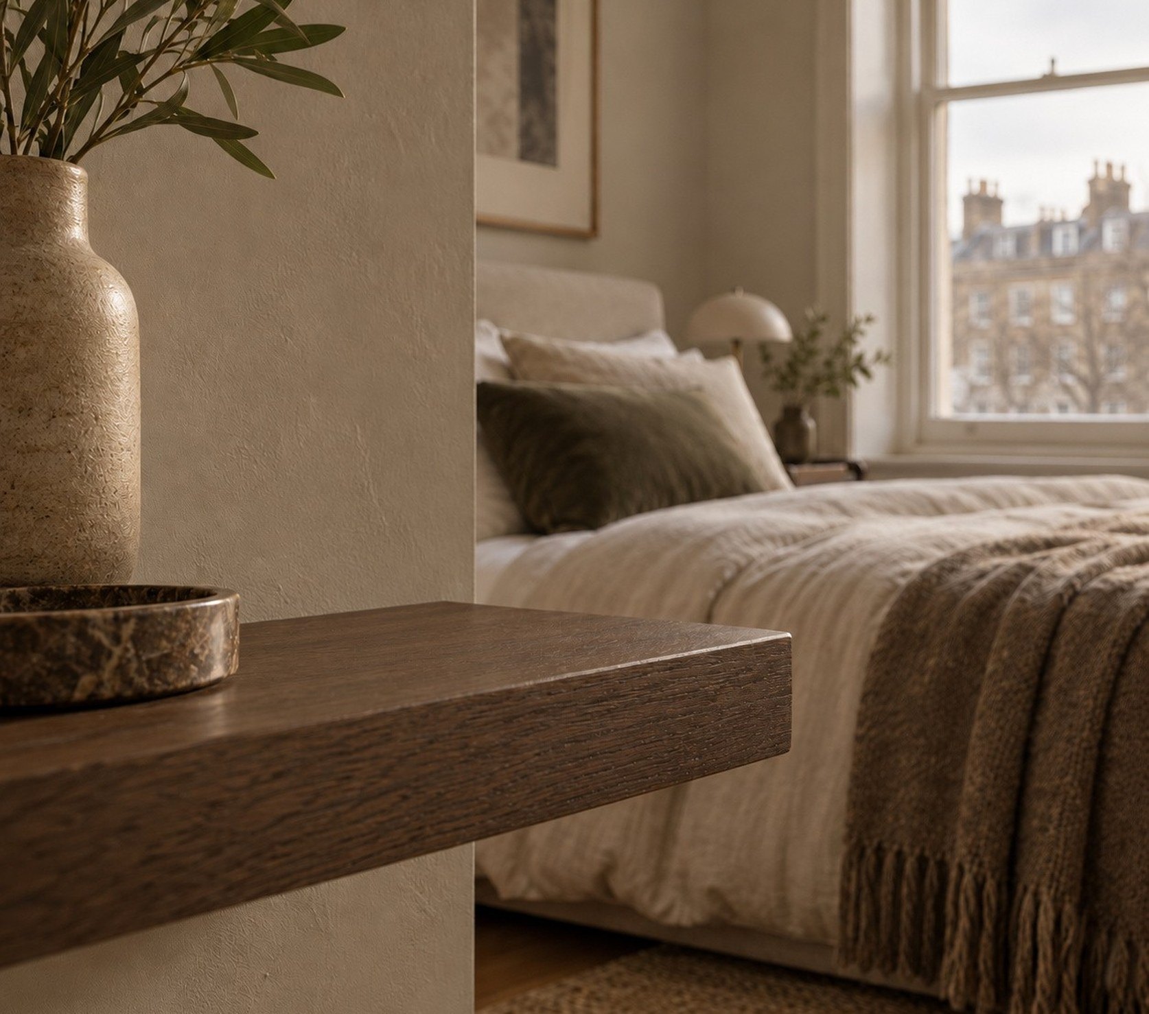 Calm London bedroom in soft daylight with an oak shelf and linen bedding
