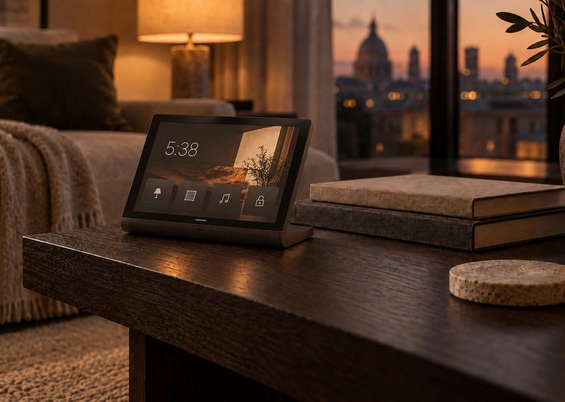 Crestron tabletop touchscreen on a smoked-oak coffee table at dusk, with the London skyline beyond