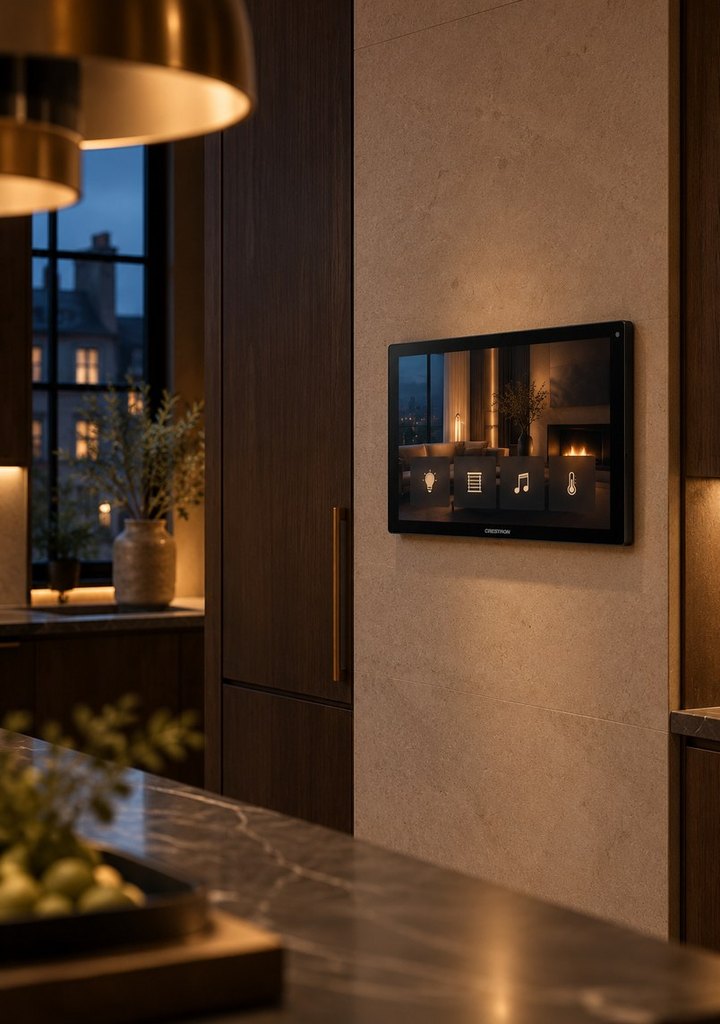 Crestron wall touchscreen on a limestone wall in a kitchen, showing lighting, blinds, music and climate