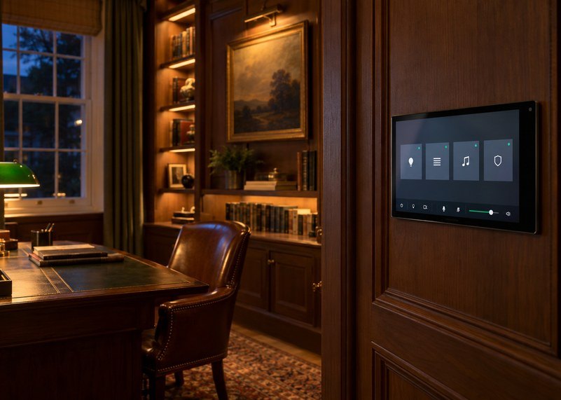 Crestron wall touchscreen on walnut panelling in a study