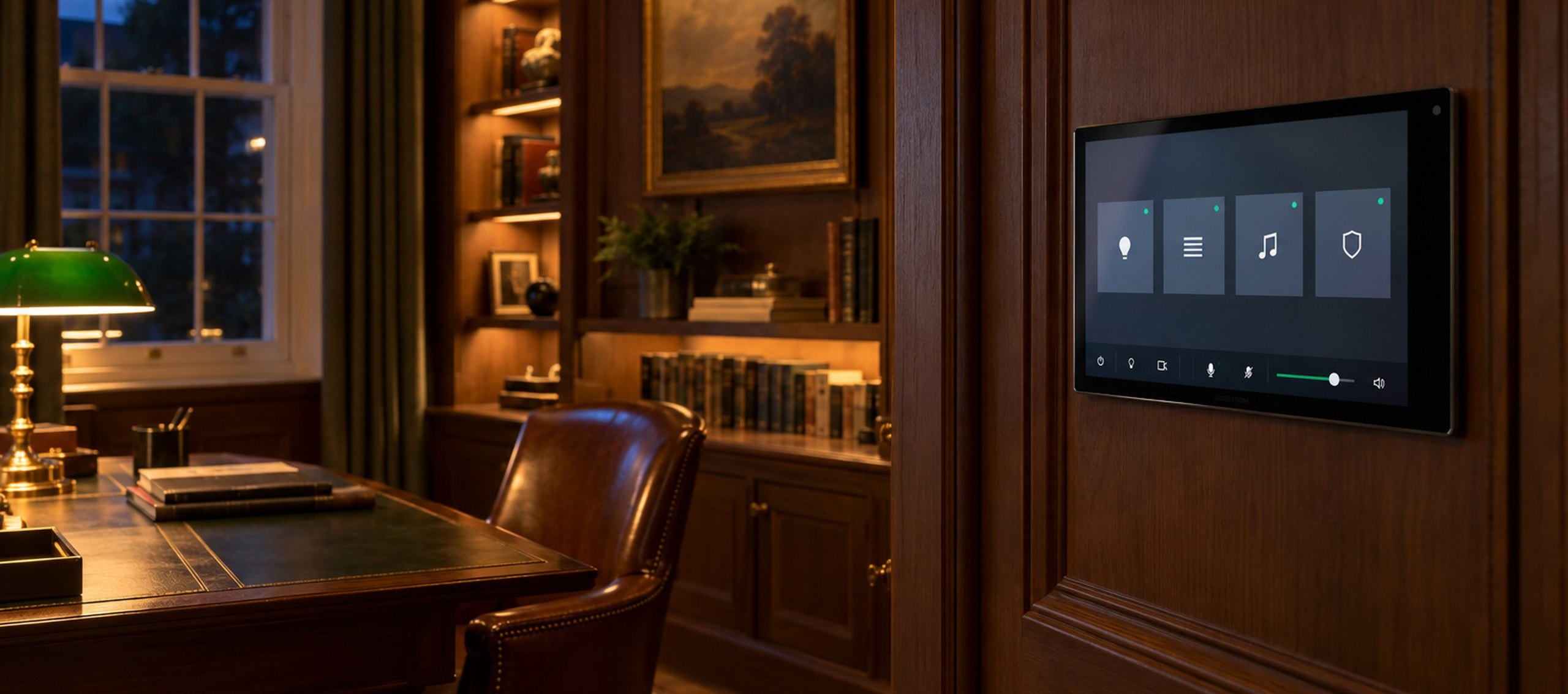 Crestron wall touchscreen on walnut panelling in a study