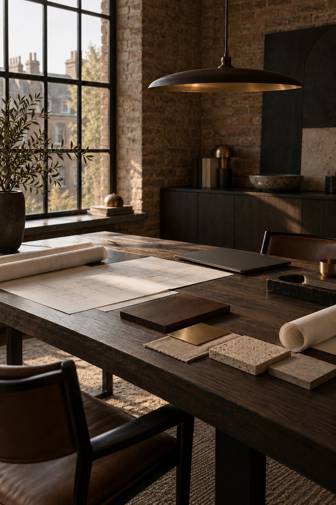 Design studio table with architectural drawings and material samples in oak, brass, linen and stone