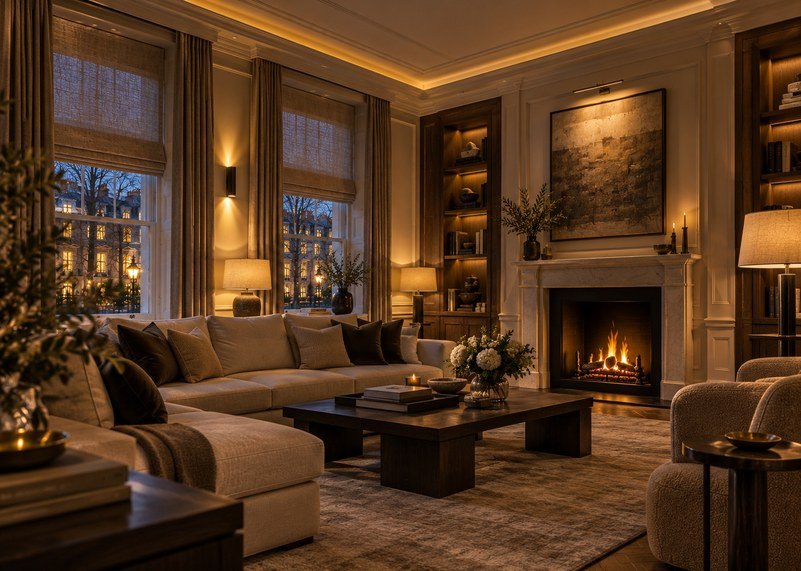 Drawing room at dusk as the evening lighting scene comes on, linen blinds half lowered