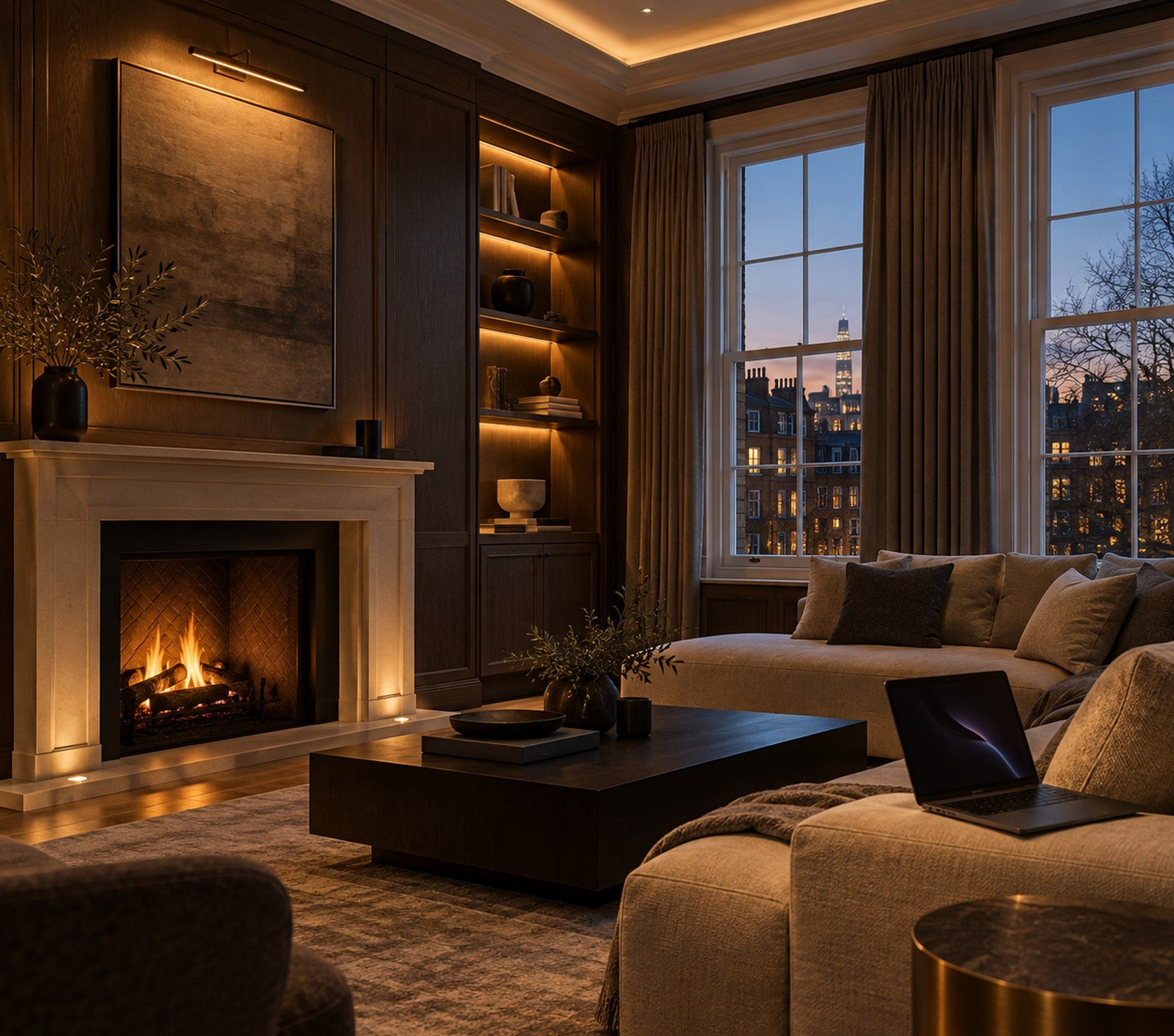 London drawing room at dusk with oak panelling and a fireplace, all network equipment out of sight