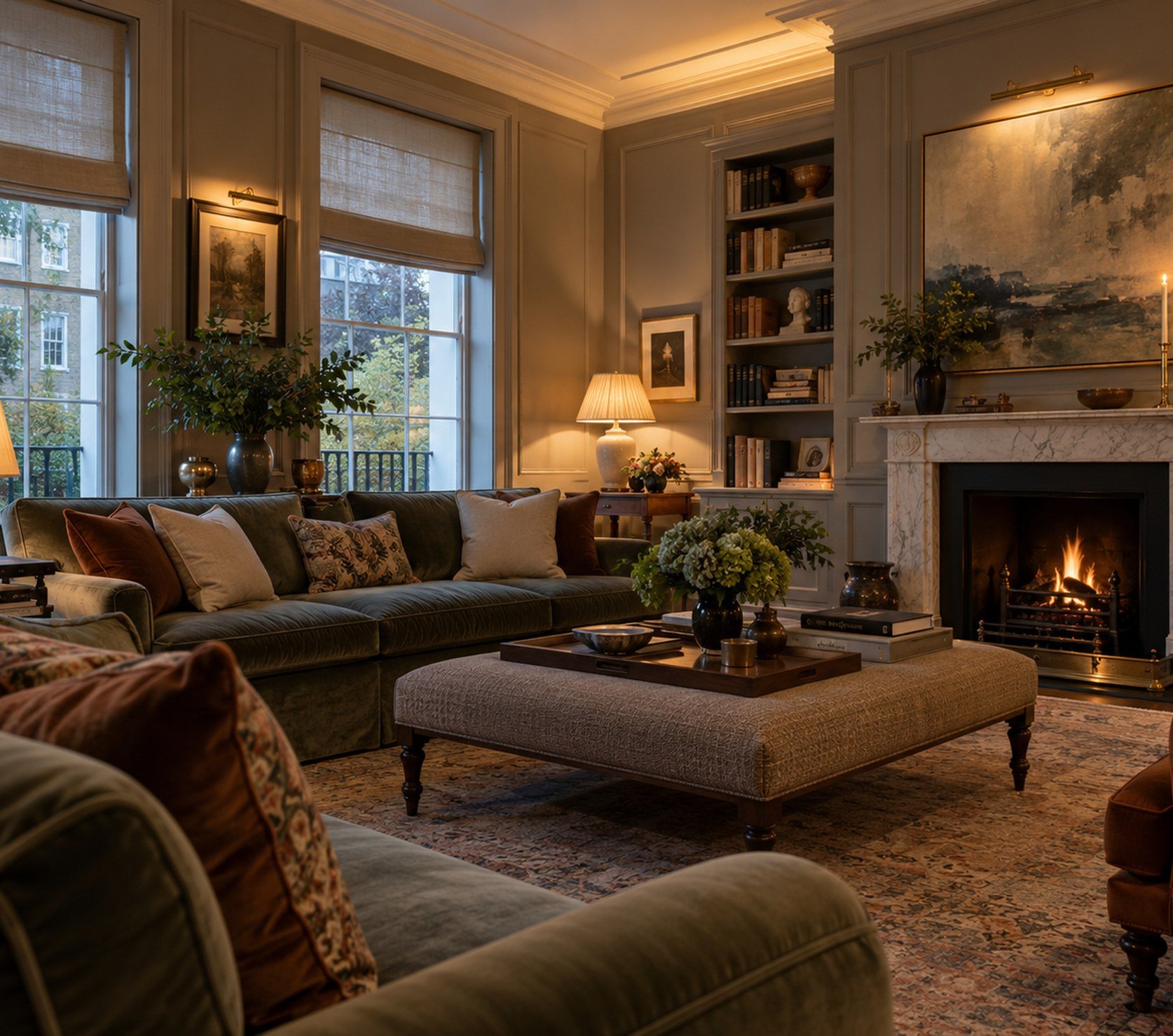 London drawing room in the evening with panelled walls, a marble fireplace and layered warm lighting