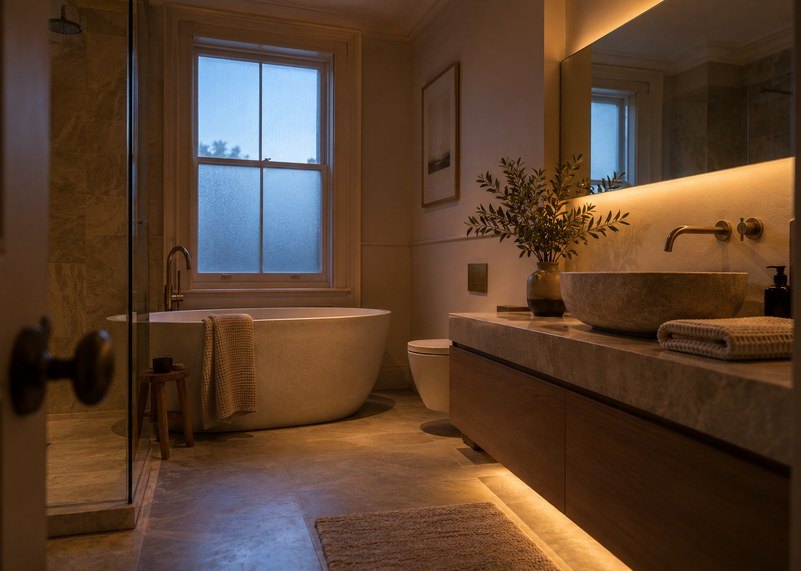 En-suite at dawn with warm, low lighting coming up