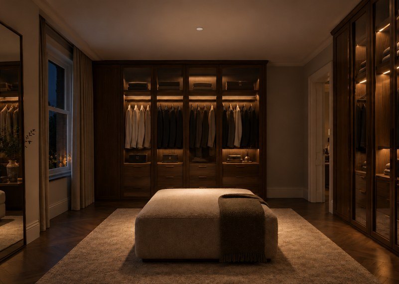 Dressing room at night with only the wardrobe and bench lights on, a Faradite presence sensor flush in the ceiling