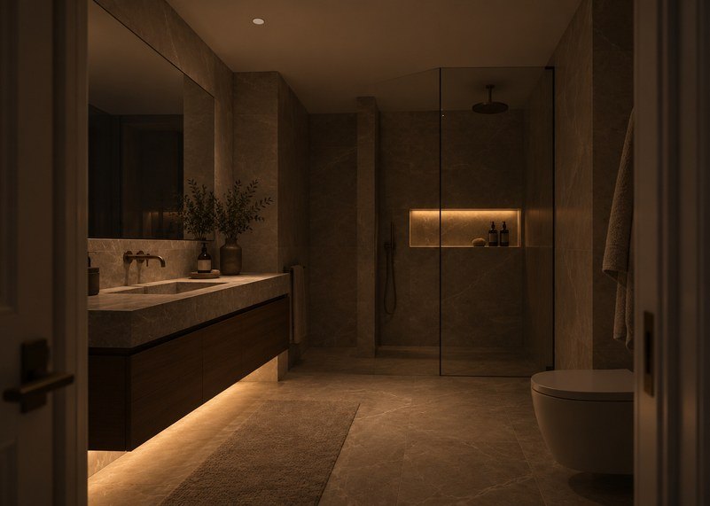 Stone en-suite at night with only low vanity and niche lighting on, a Faradite presence sensor in the ceiling