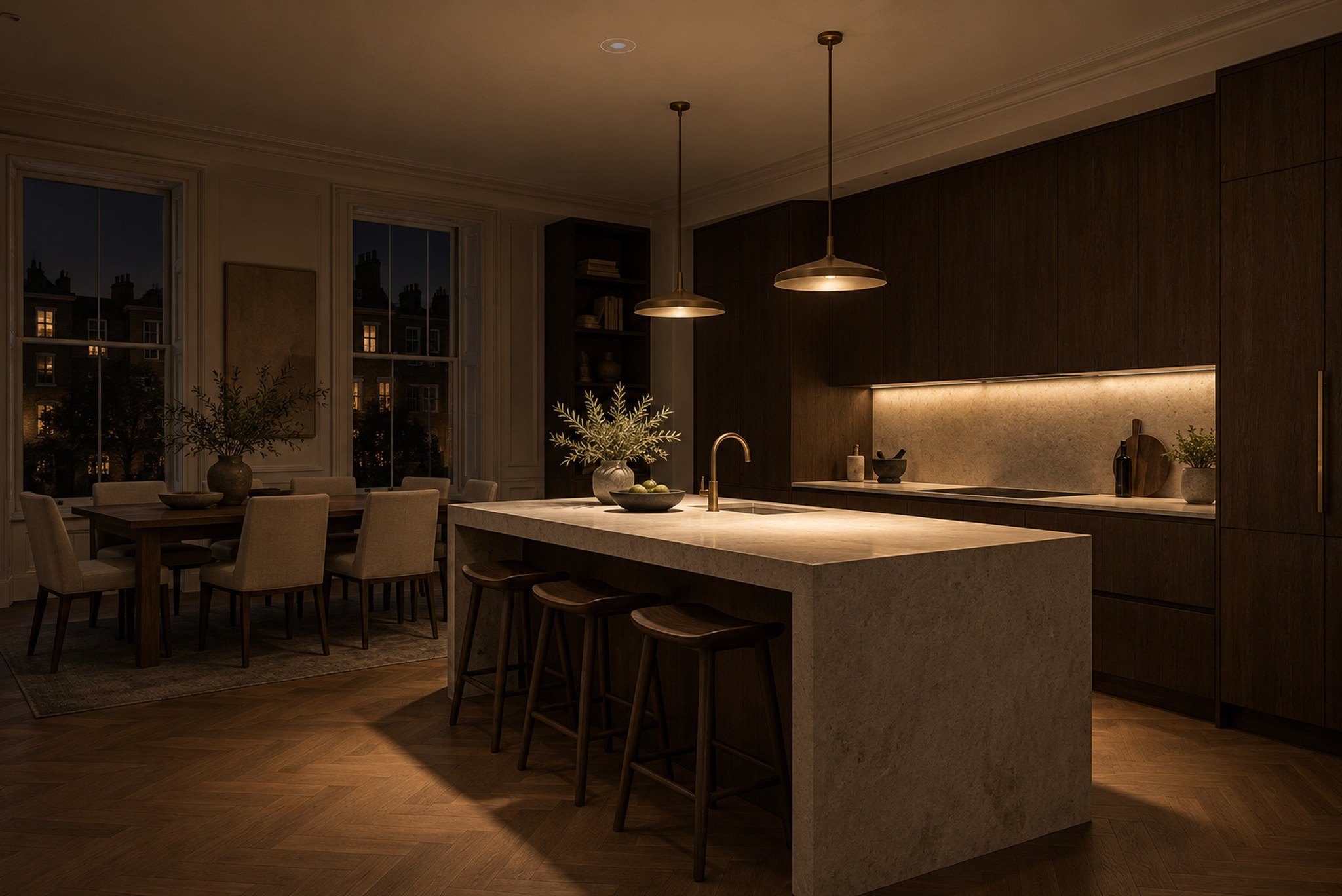 Kitchen at night with only the island lit and a Faradite presence sensor in the ceiling