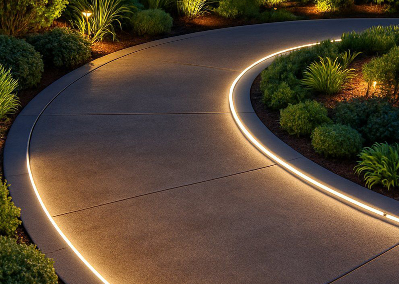 Curved garden path lit by a light strip at night