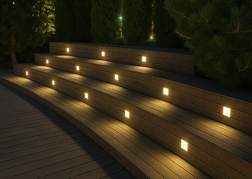 Garden steps with recessed lights at night