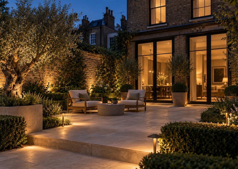 Garden terrace at dusk with discreet landscape lighting