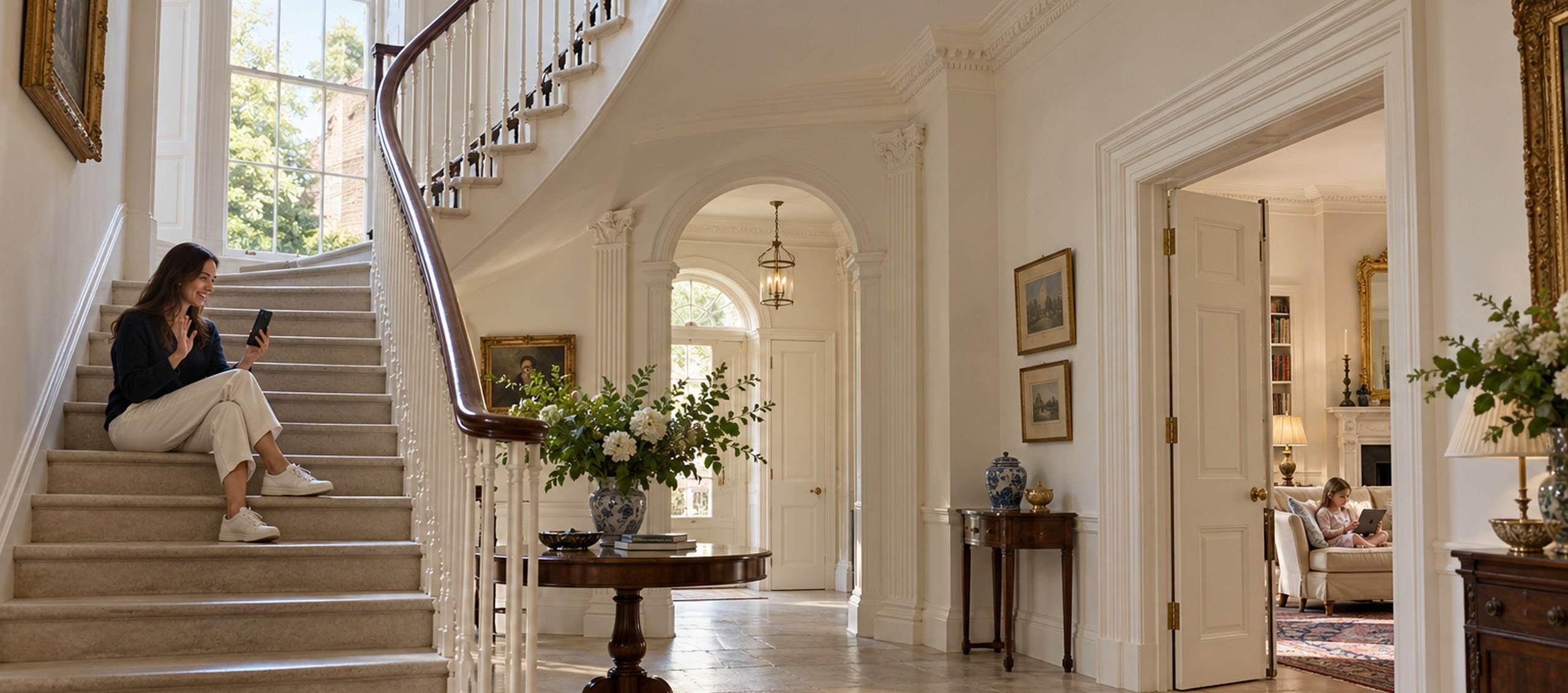 Georgian stair hall with someone on a call on the stairs, Wi-Fi throughout the house