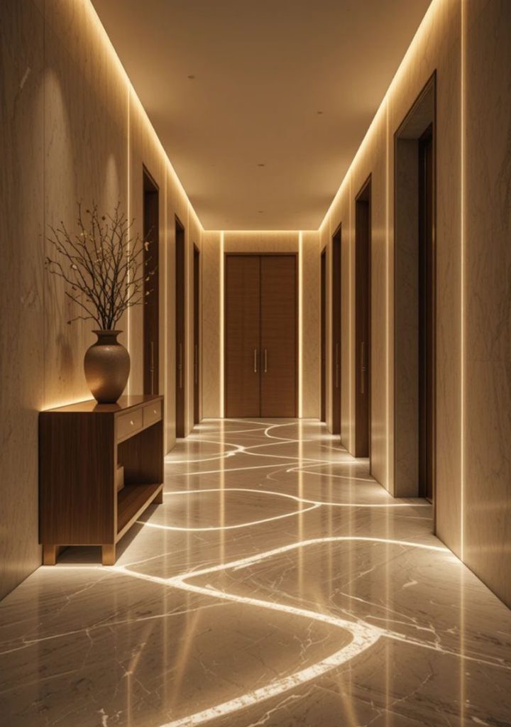 Long hallway with warm cove lighting and a marble floor