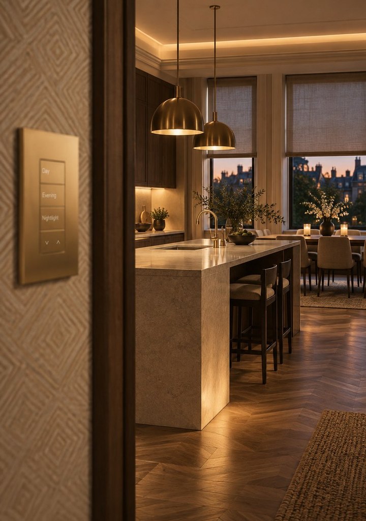 Kitchen and dining room at dusk with layered lighting, half-lowered blinds and a Lutron Palladiom keypad